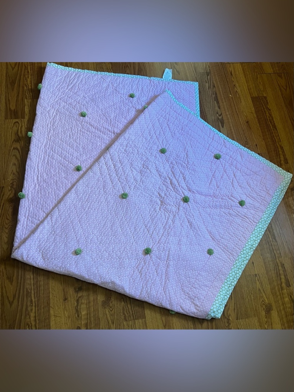 Pottery Barn Kids Pink White Dot Green Pom Pom Quilt Twin Size
